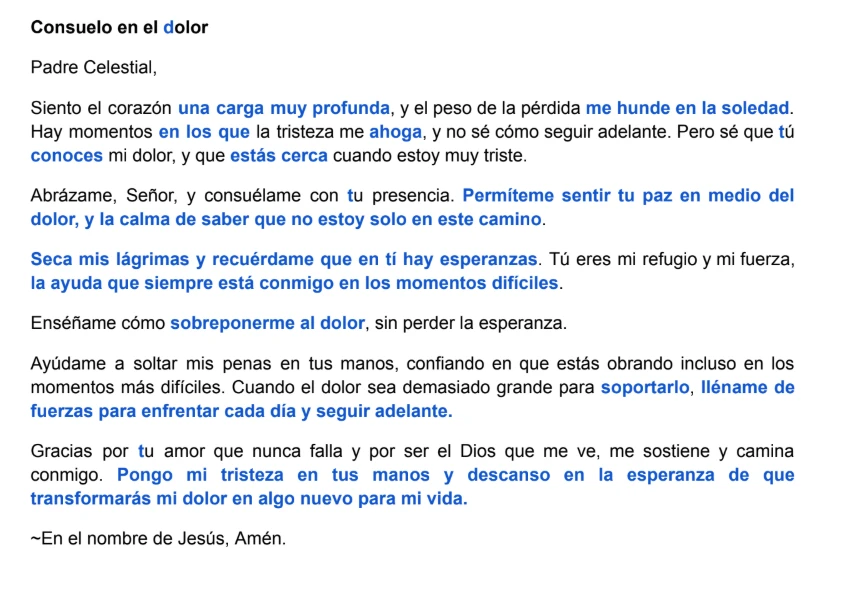 Documento de edición mostrando en azul las correcciones de la oración Consuelo en el dolor